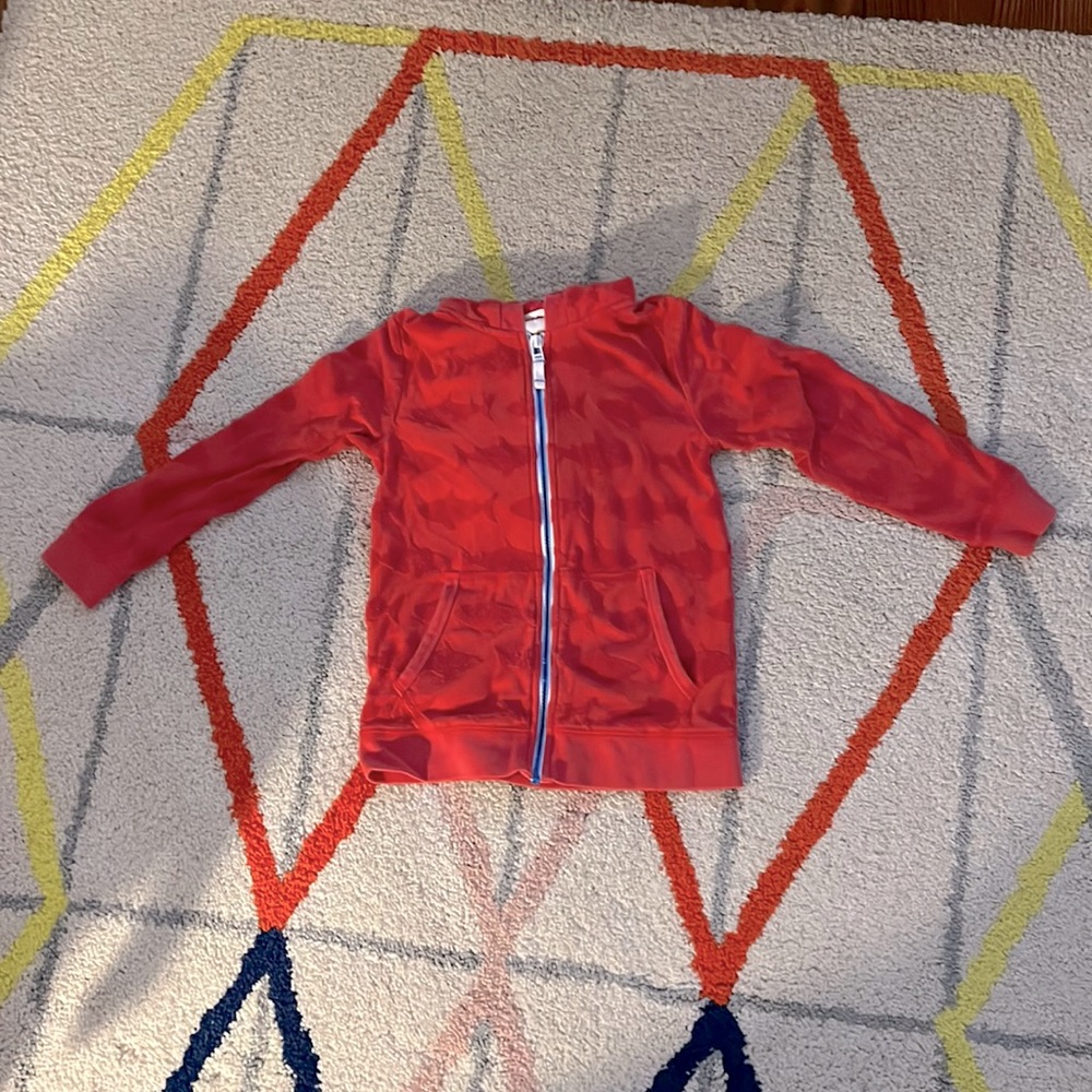 Mini Boden Red Zip Up Sweatshirt With Terry Contrast Sharks - Size 7-8Y